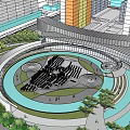 Modern Commercial Street Design with Circular Square Greenery Pedestrian Paths and Tall Buildings