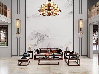 New Chinese-style Duplex Living Room Leaping Living Room Rock Slab Sofa Wall 3d model