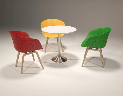 Modern Table and Chair Set With White Round Top Red Yellow Green Chairs Wooden Legs 3d model