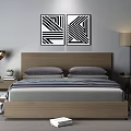 Modern Double Bed With Wooden Headboard Gray Bedding Table Lamp Floor Lamp And Geometric Paintings