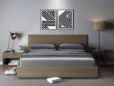 Modern Double Bed With Wooden Headboard Gray Bedding Table Lamp Floor Lamp And Geometric Paintings 3d model
