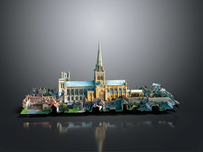 Church Building Model With Tall Spire Yellow White Exterior Green Decor Elements Reflection Base 3d model