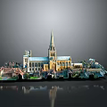 Church Building Model With Tall Spire Yellow White Exterior Green Decor Elements Reflection Base
