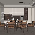 Modern Restaurant Interior With Dining Table Chairs Cabinets And Pendant Lights
