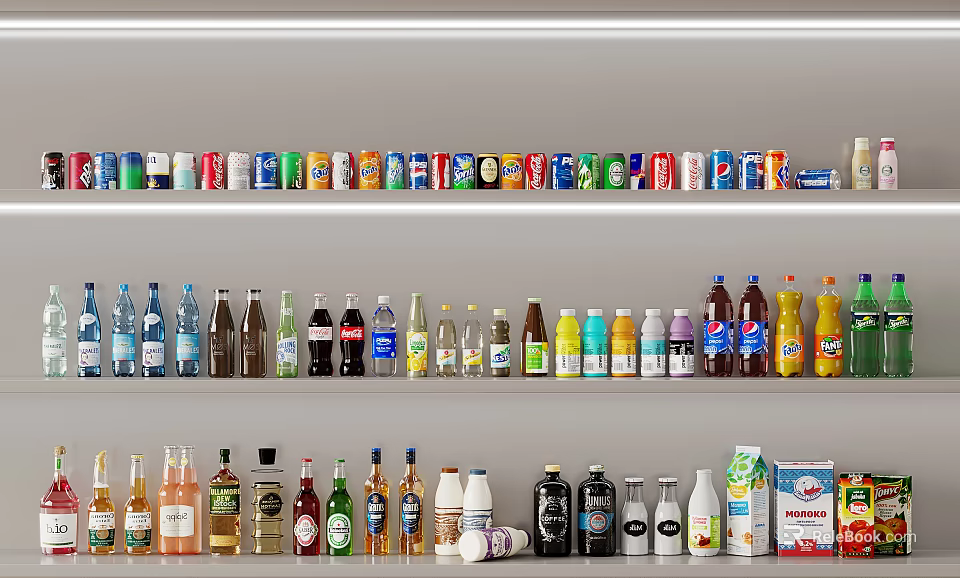 Assorted Beverages Displayed on Shelves Including Canned and Bottled Drink Varieties 3d model 