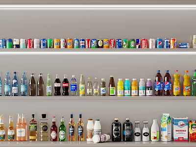 Assorted Beverages Displayed on Shelves Including Canned and Bottled Drink Varieties 3d model