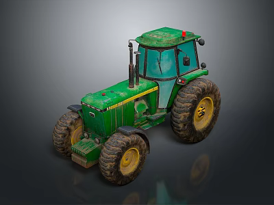 Green Tractor With Large Wheels And Yellow Rims On Reflective Surface 3d model