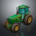 Green Tractor With Large Wheels And Yellow Rims On Reflective Surface