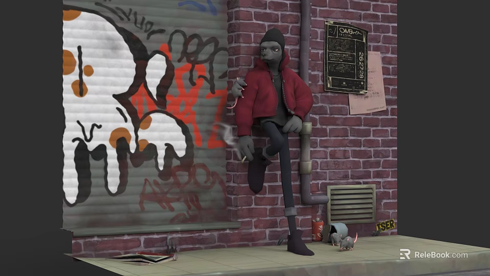 Urban Graffiti Scene With Brick Wall Skull Art And Red Coat Figure 3d model 