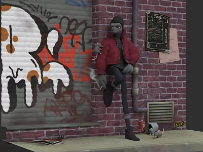 Urban Graffiti Scene With Brick Wall Skull Art And Red Coat Figure 3d model