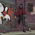 Urban Graffiti Scene With Brick Wall Skull Art And Red Coat Figure