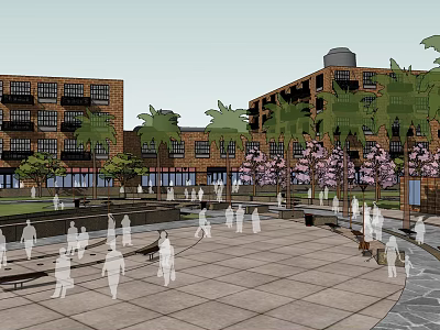 Vibrant Urban Public Square With Red Brick Buildings Palm Trees Pink Flowering Trees And People 3d model