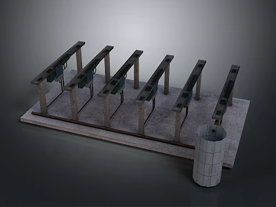 Long Wooden Tables With Metal Legs On Platform Base And Cylindrical Unit 3d model