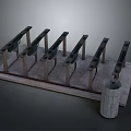 Long Wooden Tables With Metal Legs On Platform Base And Cylindrical Unit