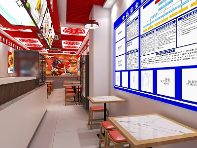 Bright Restaurant Interior With Red Ceiling Blue Menu Board And Wooden Tables Red Chairs 3d model