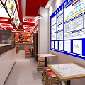 Bright Restaurant Interior With Red Ceiling Blue Menu Board And Wooden Tables Red Chairs