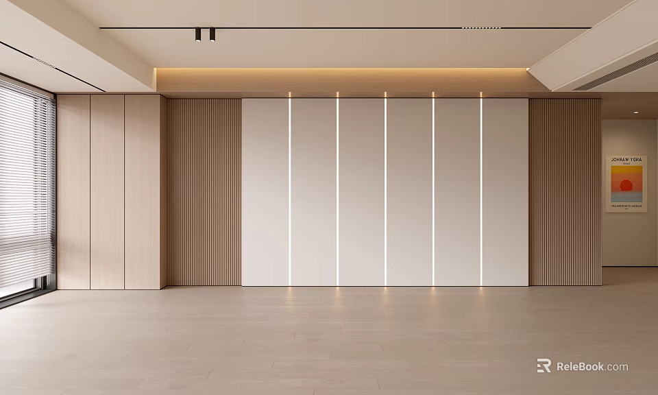 Modern Living Room Interior With Wooden And White Panel Walls And Light Strips 3d model 