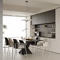 Modern Restaurant Interior With Dining Table Chairs Cabinets Pendant Light Window Blinds And Plants