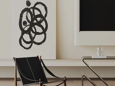 Black Leather Dining Chair With Metal Frame And Glass Coffee Table In Modern Living Room 3d model