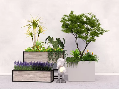Wooden and White Flower Pots with Lavender Green Plants and Small Trees Interior 3d model