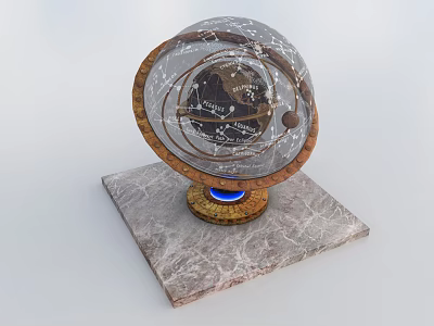 Elegant Decorative Ornament Set with Globe Metal Orbit Rings and Illuminated Marble Base 3d model