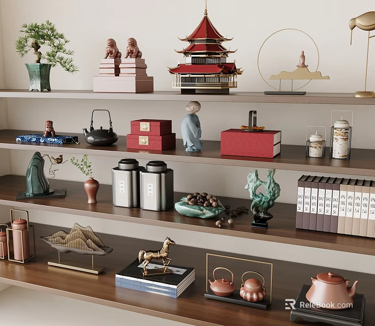 Traditional Decorative Ornament Combination with Miniature Statues Tea Sets Books and Plants on Wooden Shelf 3d model 