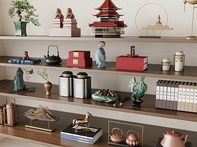 Traditional Decorative Ornament Combination with Miniature Statues Tea Sets Books and Plants on Wooden Shelf 3d model
