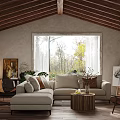 Living Room Interior Design With Sloped Wooden Ceiling Large Window Beige Sofa Pillows And Bookshelves