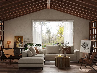 Living Room Interior Design With Sloped Wooden Ceiling Large Window Beige Sofa Pillows And Bookshelves 3d model