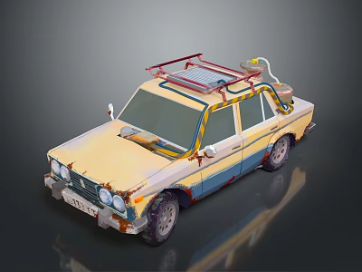 Old Vintage Car With Roof Rack Yellow Blue Worn Out Appearance And Decorative Items 3d model