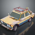 Old Vintage Car With Roof Rack Yellow Blue Worn Out Appearance And Decorative Items