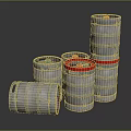 Stacked Silver Metal Storage Drums With Red Blue Lids For Household Use