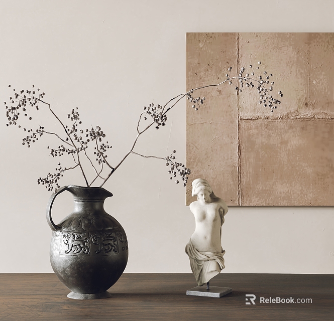 Elegant Vase With Berry Branches And White Statue By Beige Brown Wall 3d model 