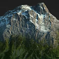 Scenic Snowy Mountain With Rocky Peaks And Lush Green Vegetation