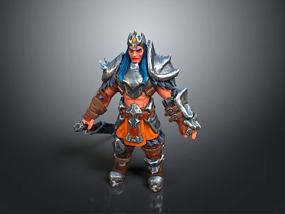 Man With Blue Hair In Silver Helmet And Armor Holding Sword Warrior Character 3d model