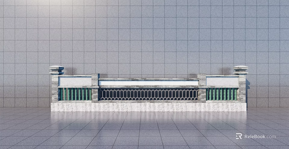 Modern Feature Wall Design With Gray Tiled Surface White Base And Black Grille 3d model