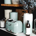 Stylish Kitchenware Collection with Coffee Canister Spoons Wooden Shelf Chopping Board and Toaster