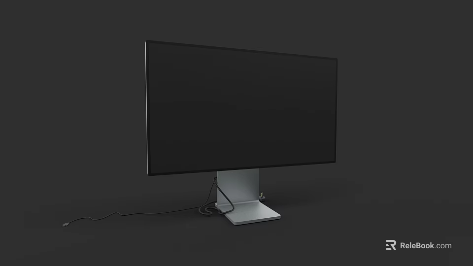 Modern Computer Monitor With Black Screen And Silver Base Connected Cables On Dark Background 3d model 