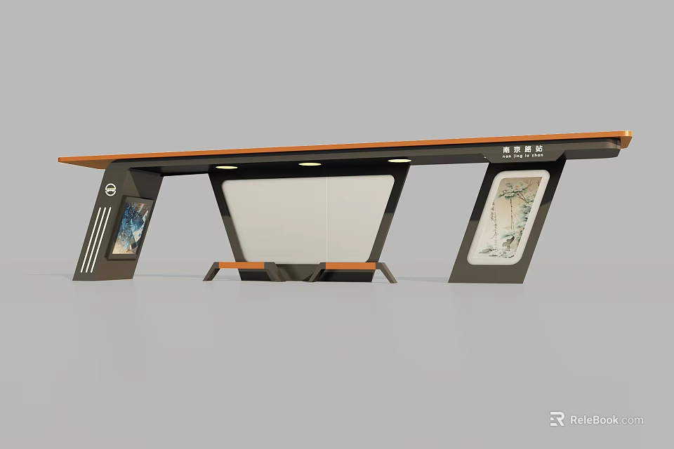 Modern Roadside Public Transit Shelter With Orange Top And Information Panels 3d model 