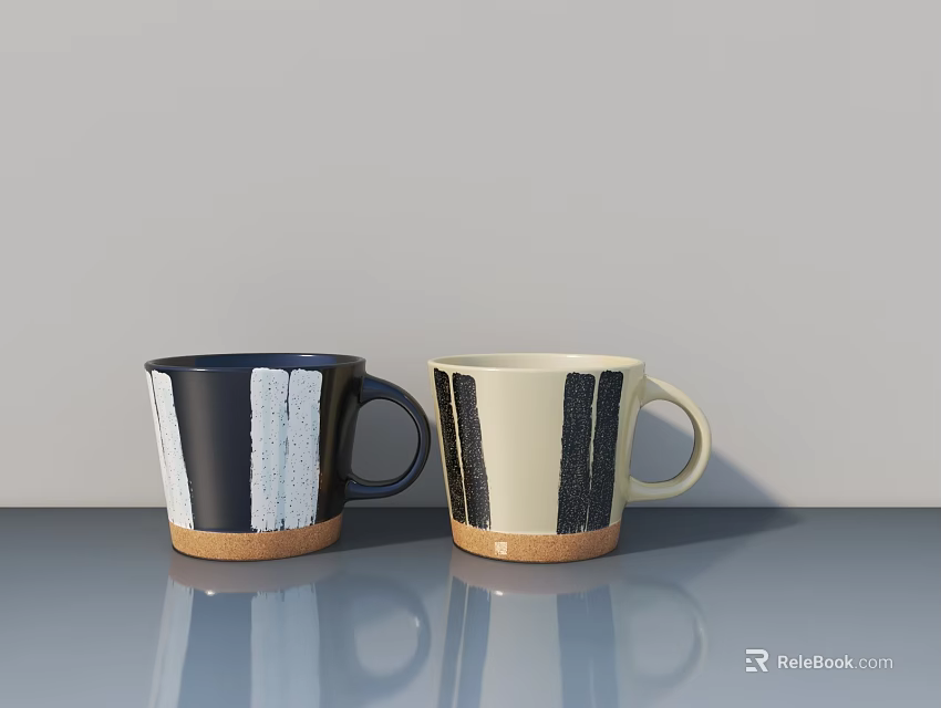 Two Different Colored Mugs Dark Blue Cream With White Black Stripes Wooden Base Gray Surface 3d model 