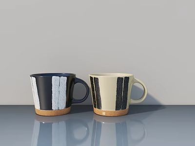 Two Different Colored Mugs Dark Blue Cream With White Black Stripes Wooden Base Gray Surface 3d model
