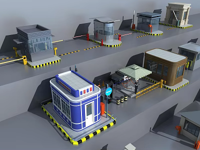 Various Colored Security Booths With Yellow Black Warning Stripes And Different Styles 3d model