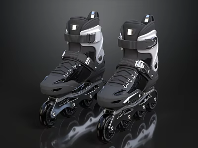 Black And Silver Inline Skates With Wheels On Black Background And Reflection 3d model