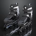 Black And Silver Inline Skates With Wheels On Black Background And Reflection