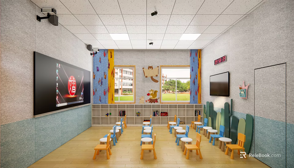 Kindergarten Classroom Interior With Colorful Chairs Tables Windows And Educational Facilities 3d model 