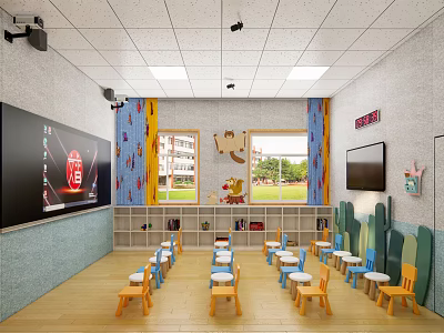 Kindergarten Classroom Interior With Colorful Chairs Tables Windows And Educational Facilities 3d model