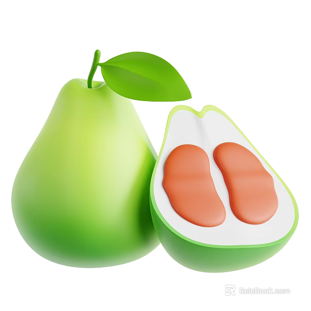 Whole Green Pear with Fresh Leaf and Cut Open Half Revealing Orange Seeds 3d model 