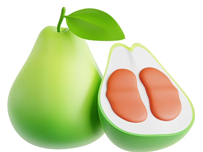 Whole Green Pear with Fresh Leaf and Cut Open Half Revealing Orange Seeds 3d model