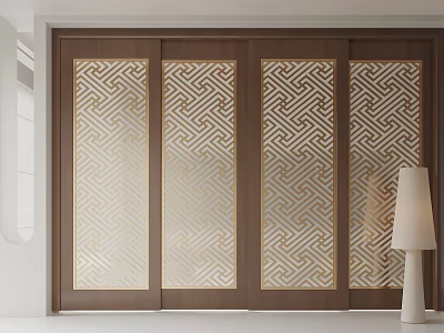 Modern Interior Sliding Doors With Wooden Frame And Geometric Frosted Glass Design 3d model