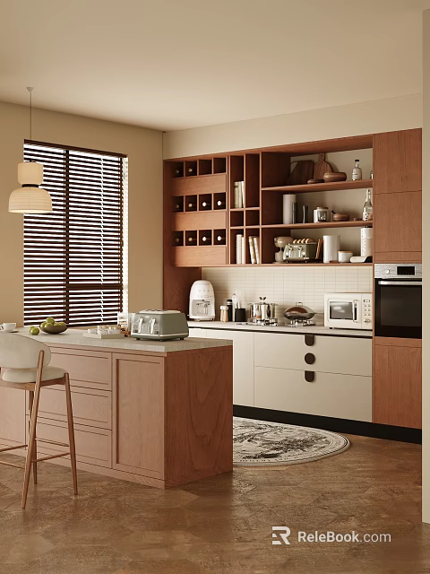 Warm Retro Kitchen Interior Design With Wooden Storage Cabinets Central Island And Complete Functional Appliances 3d model 